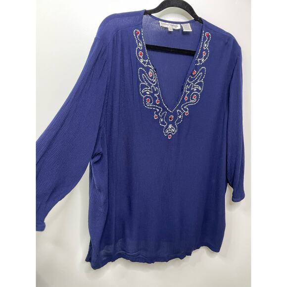 Cathy Daniels Embroidered High Low Tunic Blouse Navy Blue Women's Plus Size 2X - Picture 5 of 10